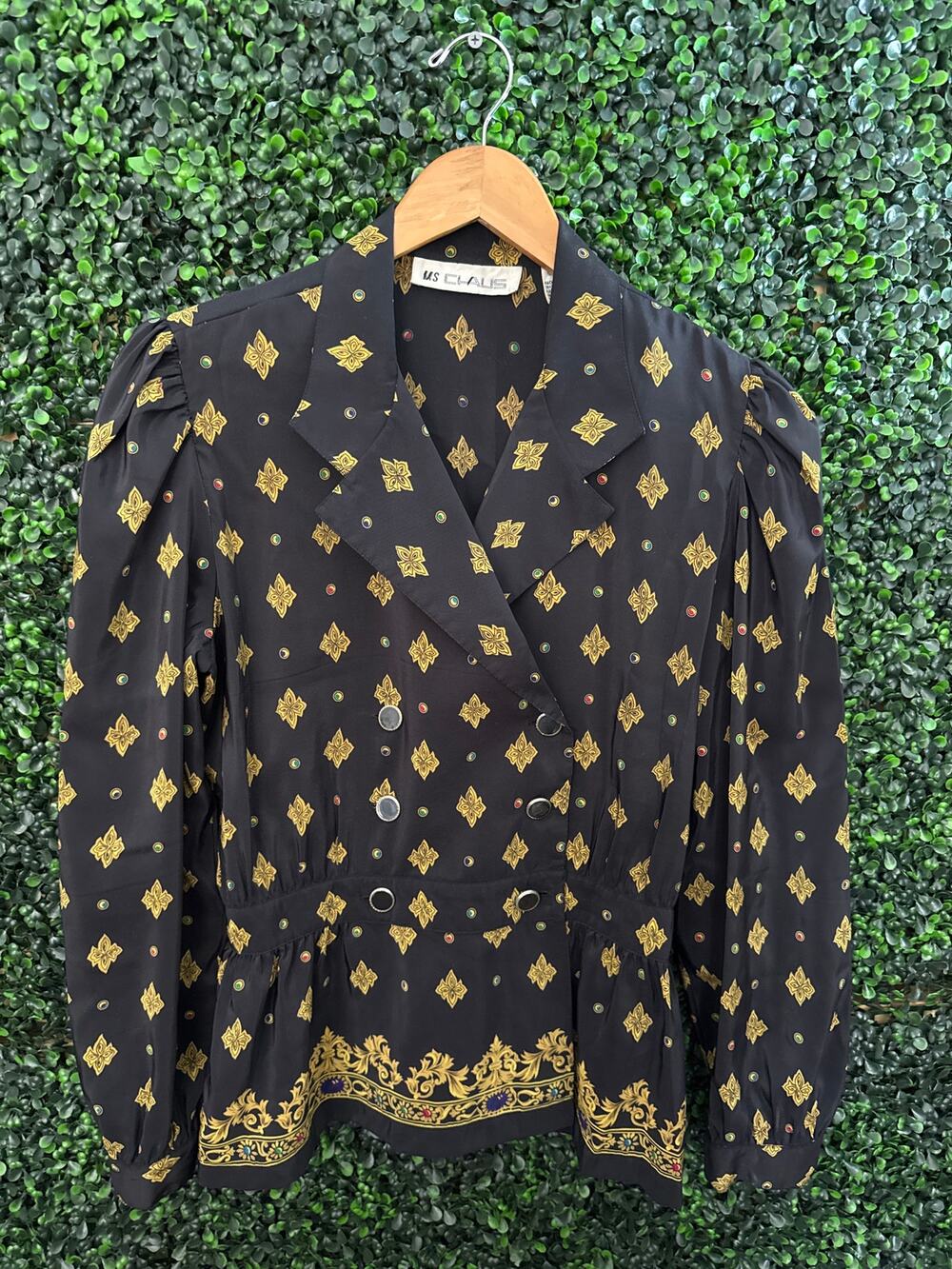 MS Chaus Vintage Black and Gold With Buttons Blouse Women’s size 10 Long sleeves